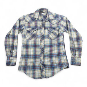 Vintage Dude Western Shirt Adult SMALL Blue Yukon Plaid Flannel Pearl Snap 70s